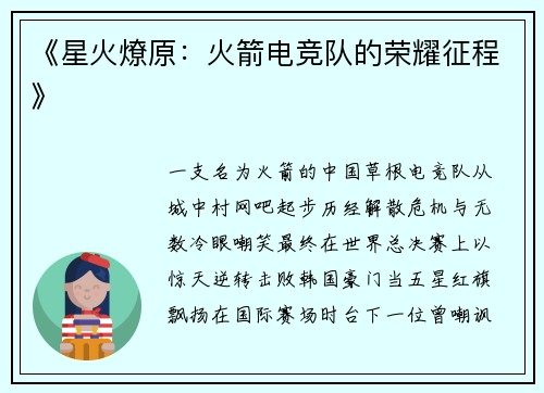 《星火燎原：火箭电竞队的荣耀征程》